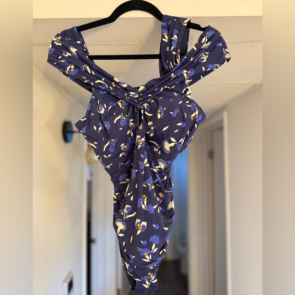 Self Portrait Navy Botanical Draped Swimsuit Size 10